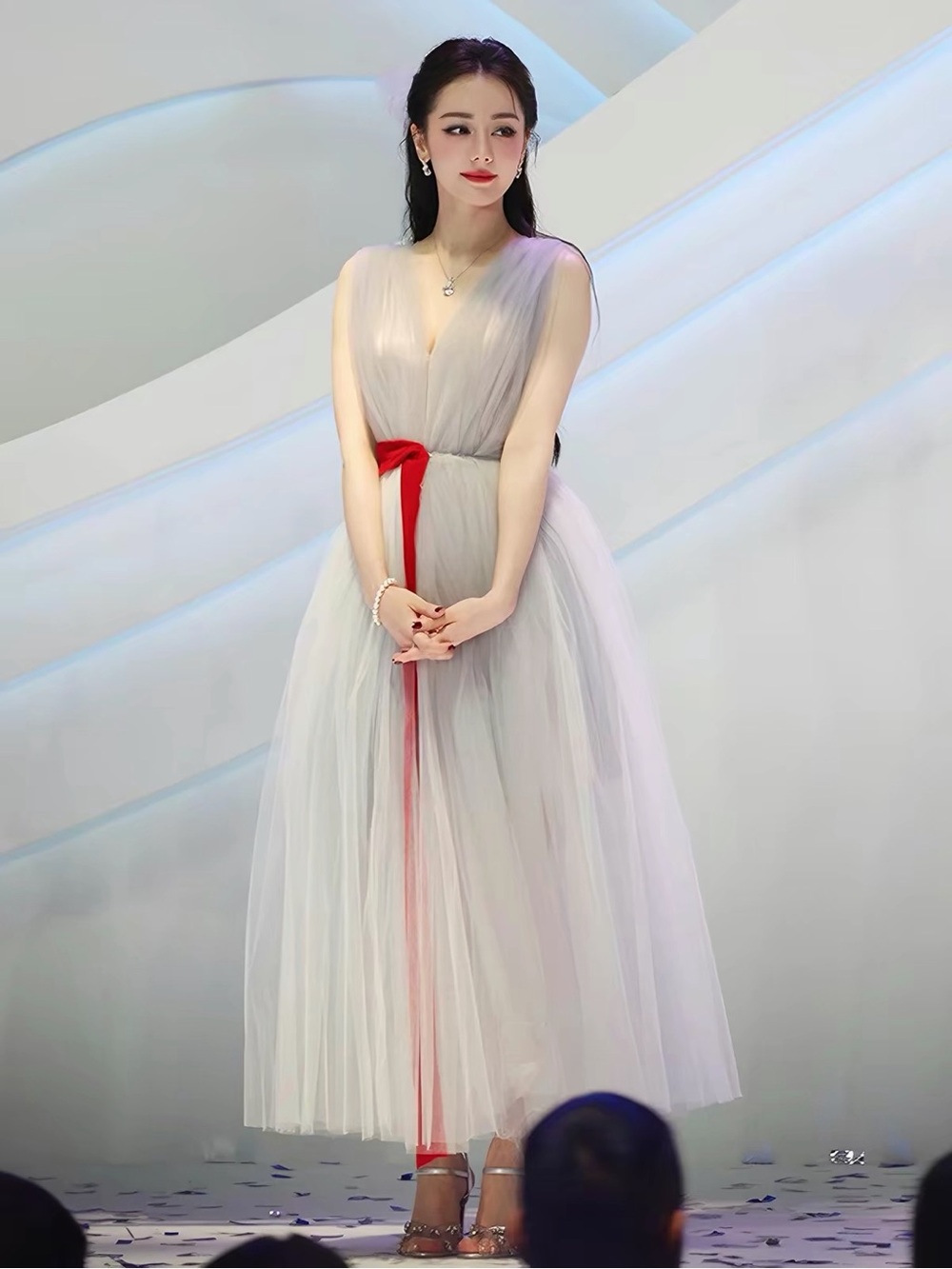Elegant Gray Tulle A-Line Dress with Red Sash